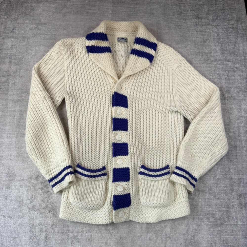 Vintage 1950s Curling Sweater Mens Large Cream Blue Striped Shawl Collar Varsity